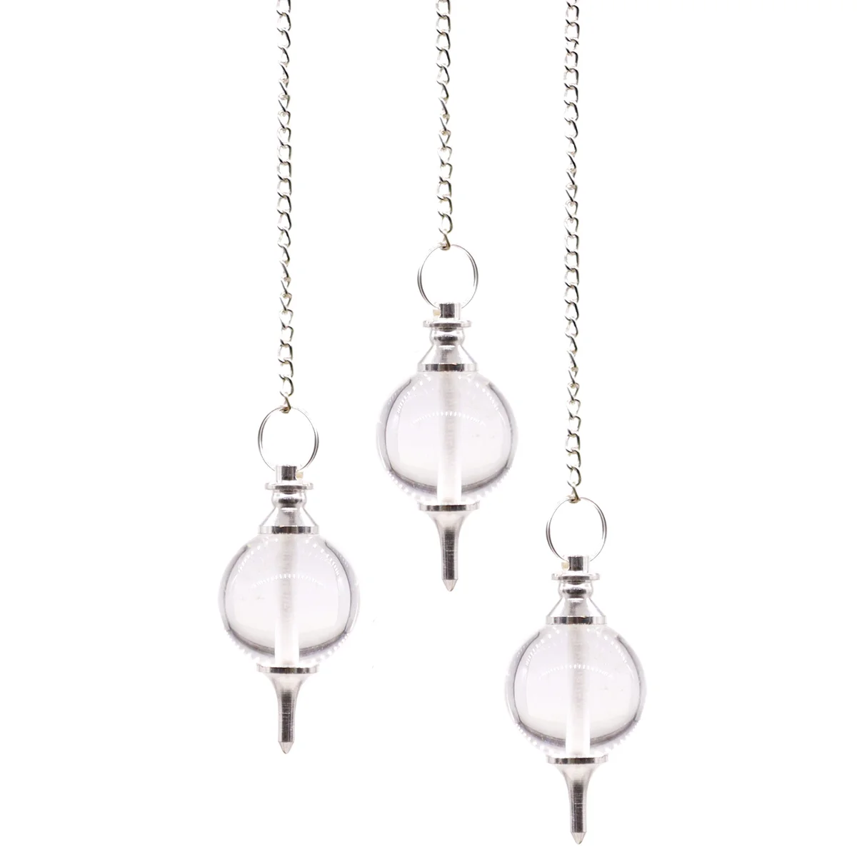 Rock quartz pendulum featuring a quartz sphere ornament swinging on a chain