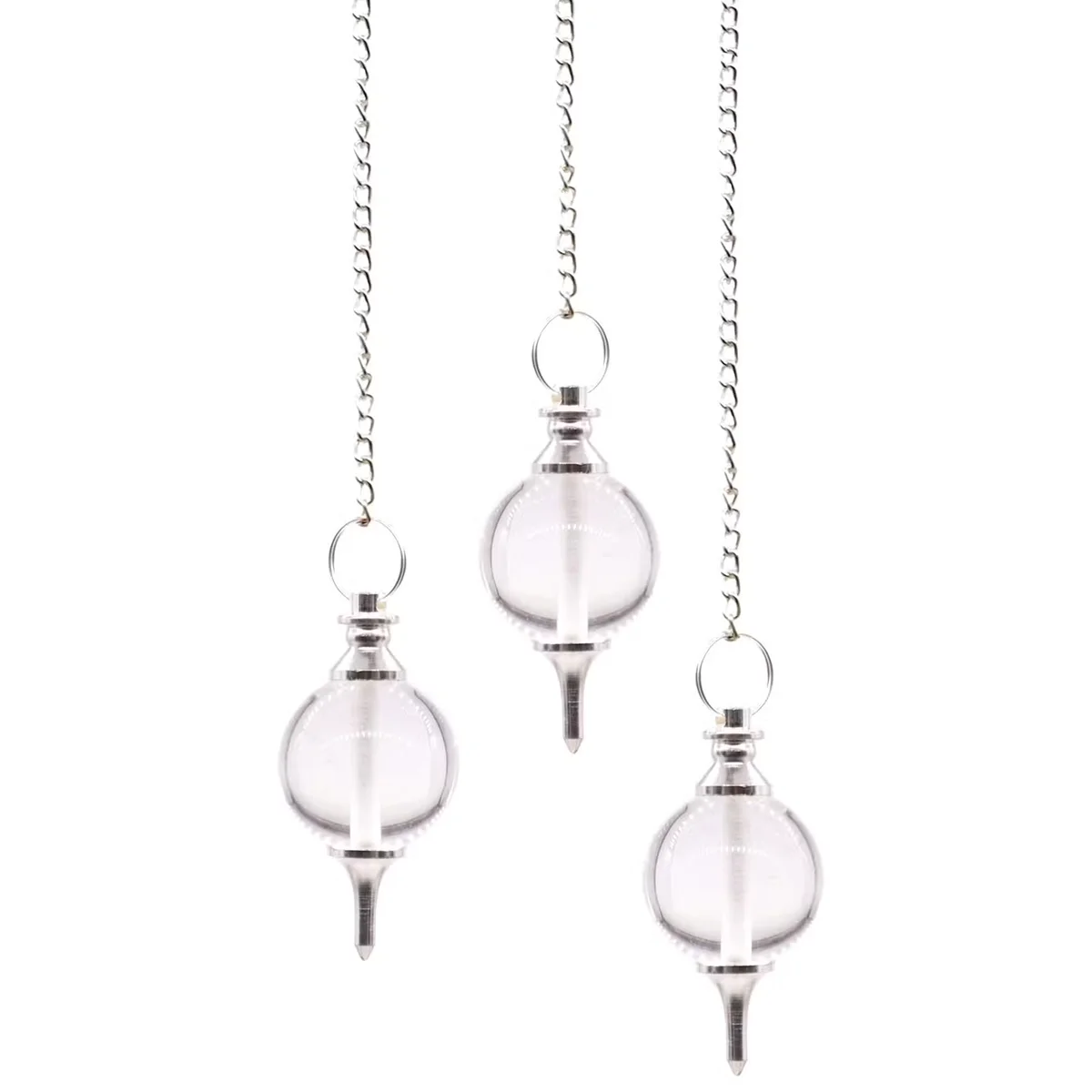 Clear rock crystal pendulum sphere hanging on a thin string, showcasing a spherical quartz crystal.