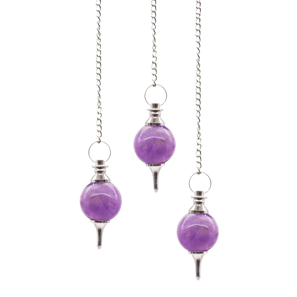 Amethyst sphere pendulum hanging from a silver chain, clear crystal sphere against a neutral backdrop.