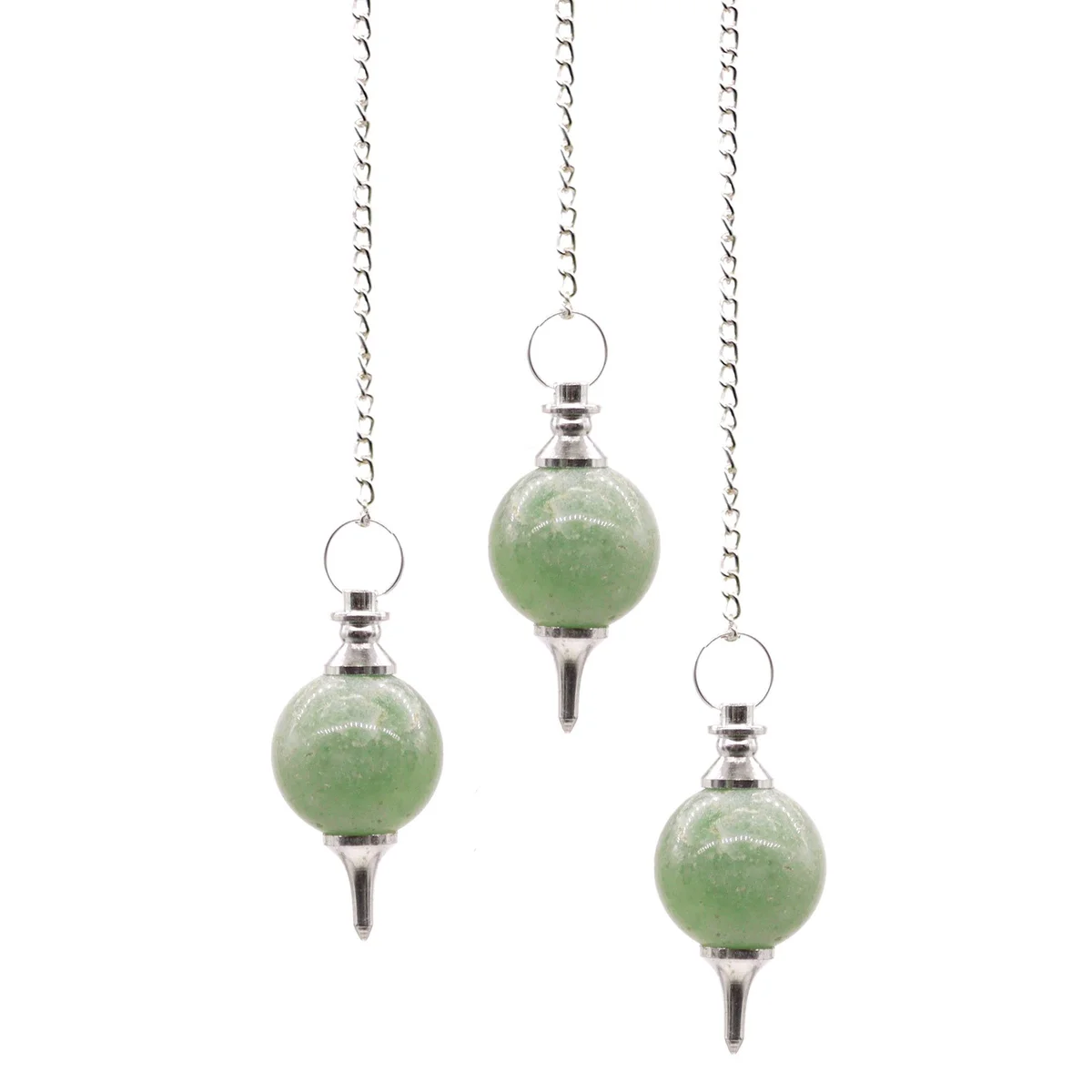 A green aventurine pendulum, a polished sphere on a delicate chain.