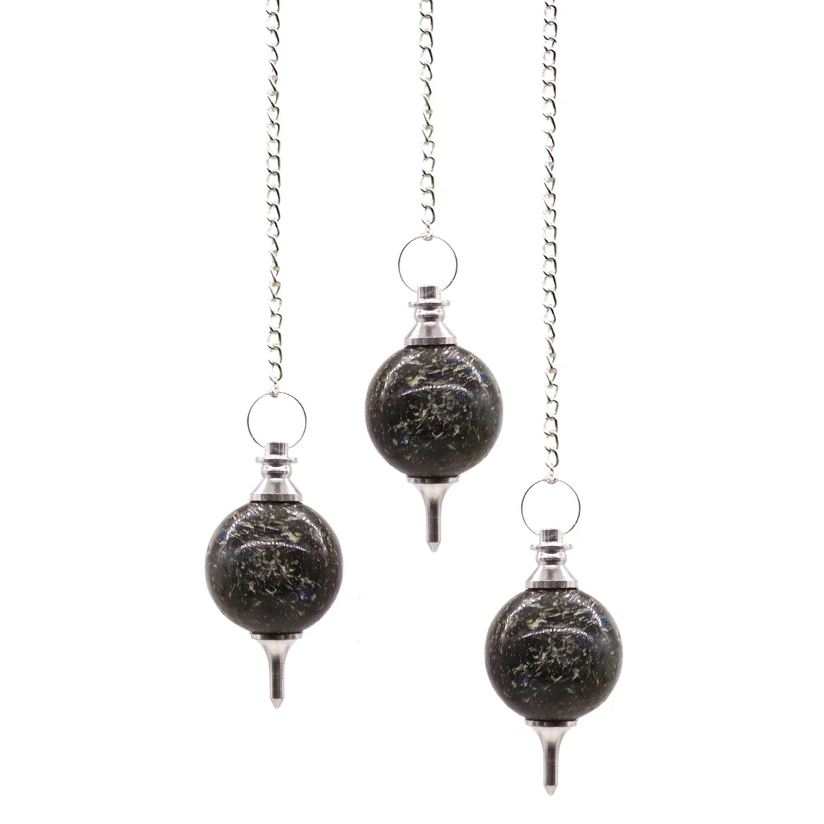 Labrodorite sphere pendulum suspended over a simple base.
