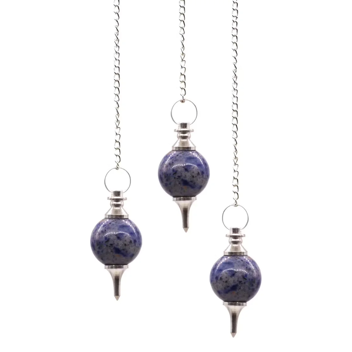 Blue stone pendulum: spherical sodalite stone hanging from a chain, shown on a plain background.
