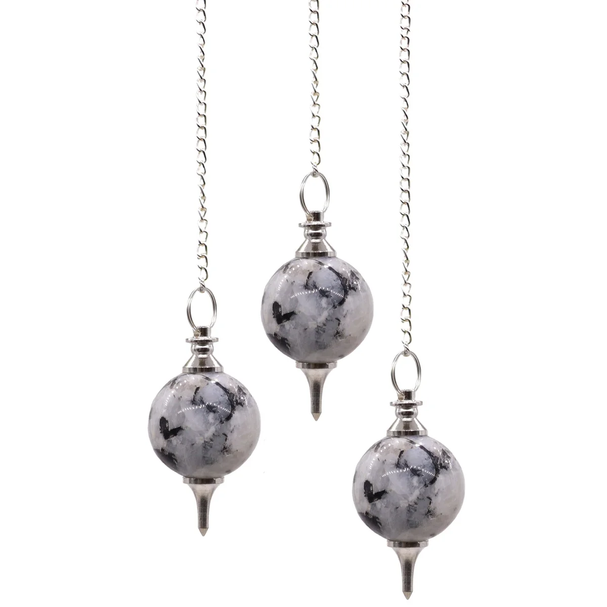 Rainbow moonstone pendulum hanging from its suspension.