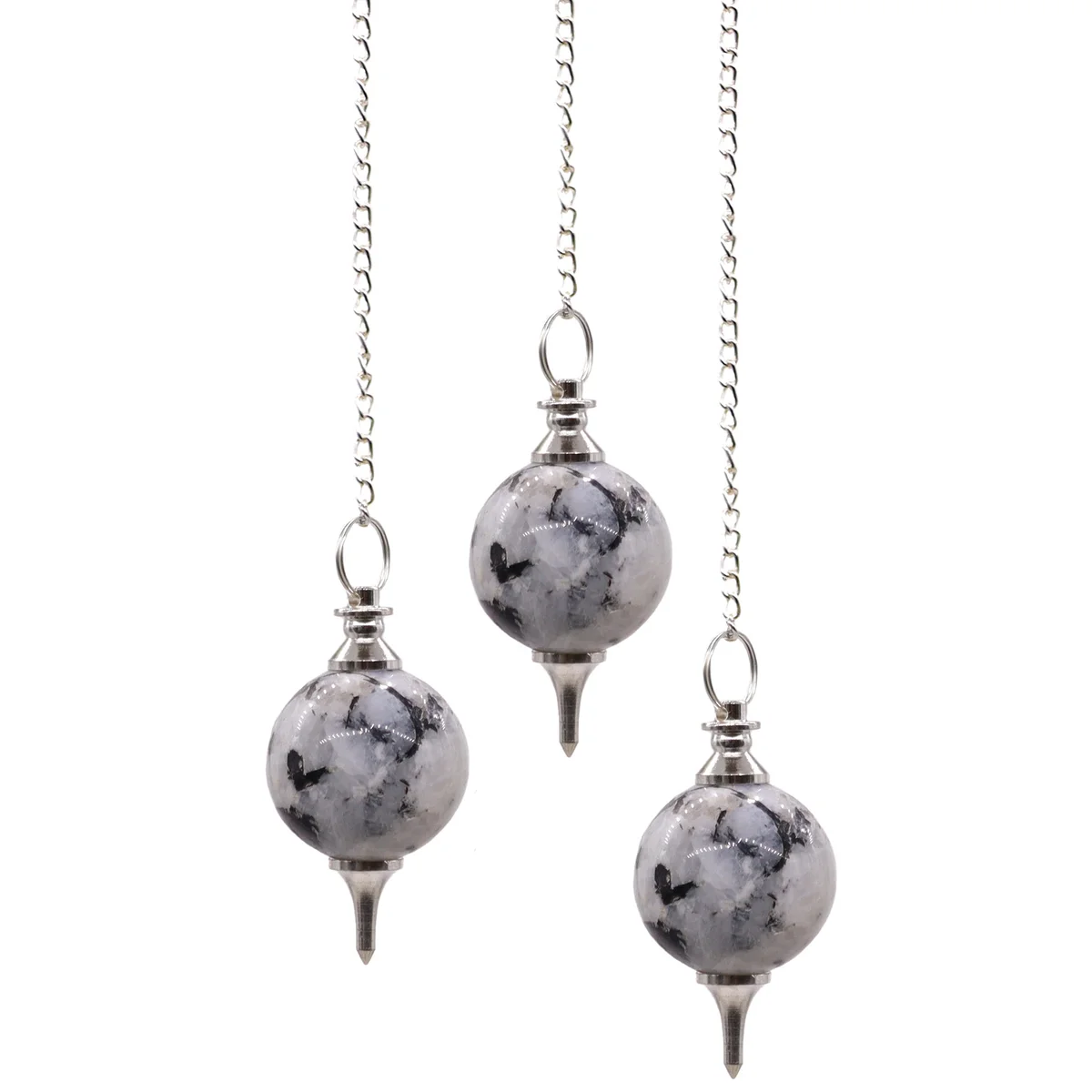 Sphere pendulums featuring a rainbow moonstone ball.
