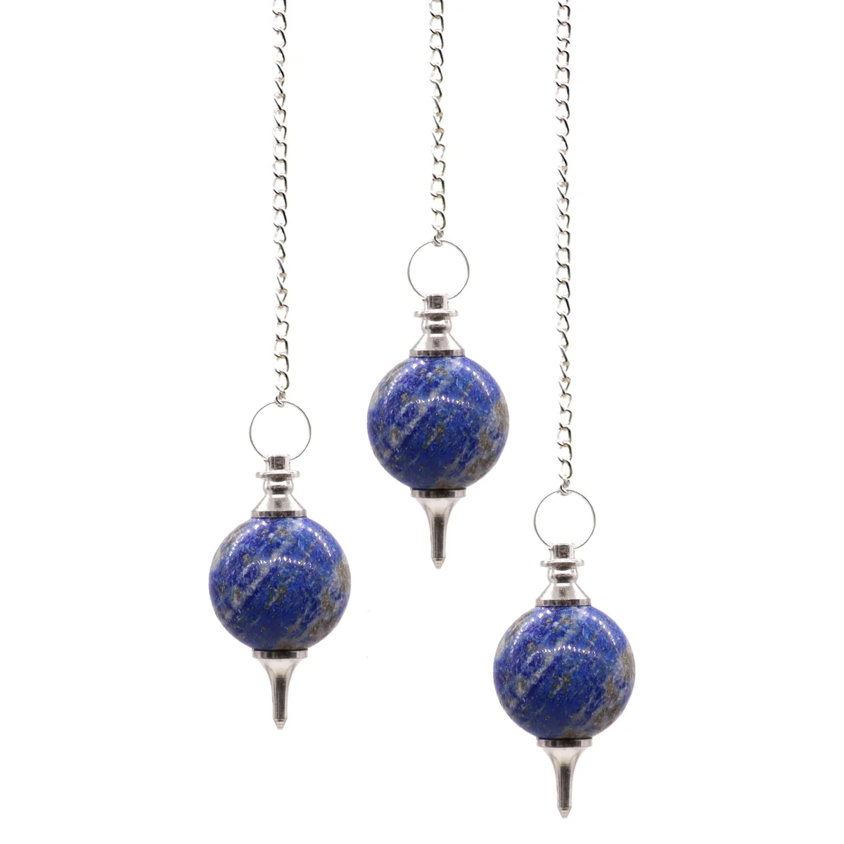 Sphere pendulums with lapis decor hanging from a slender chain.