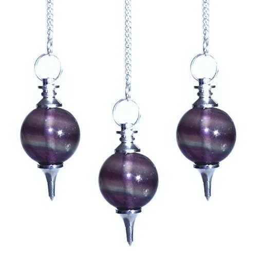Purple fluorite sphere pendulum suspended by a metal chain.