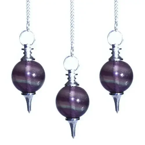 Purple fluorite sphere pendulum hanging from a simple bar, showing a crystal sphere with light purple hue.