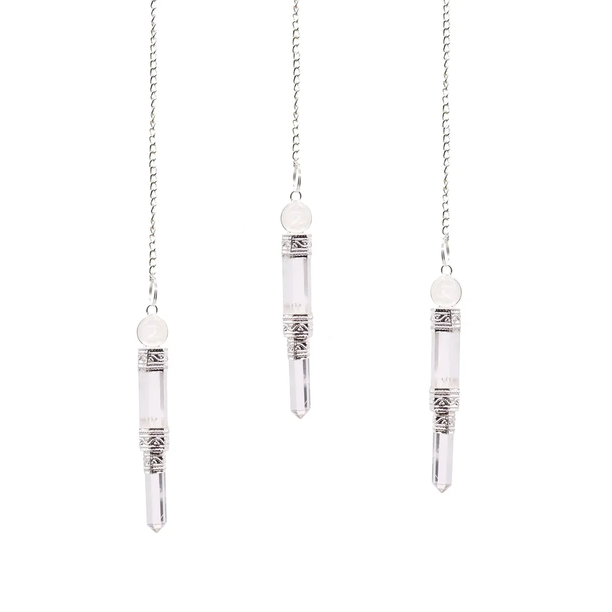 Quartz pendulum ornament suspended from a thin rod, showcasing a polished quartz rock.