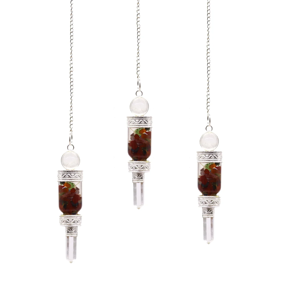 Floating chakra pendant hanging from translucent chain, showcased as a pendulum necklace uk