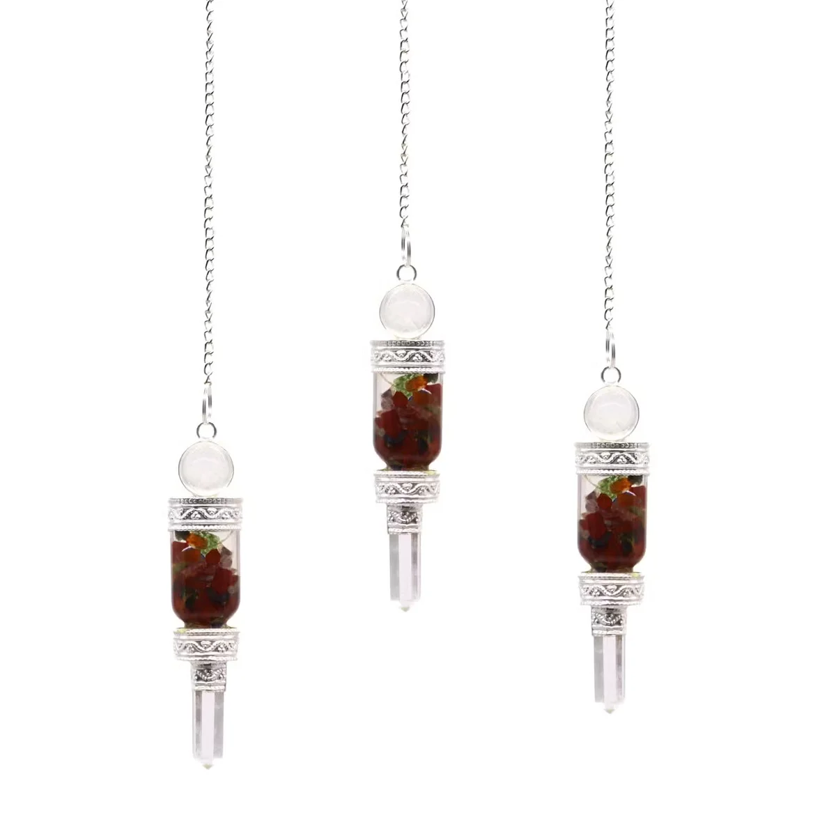Floating chakra pendulum on a chakra healing necklace.