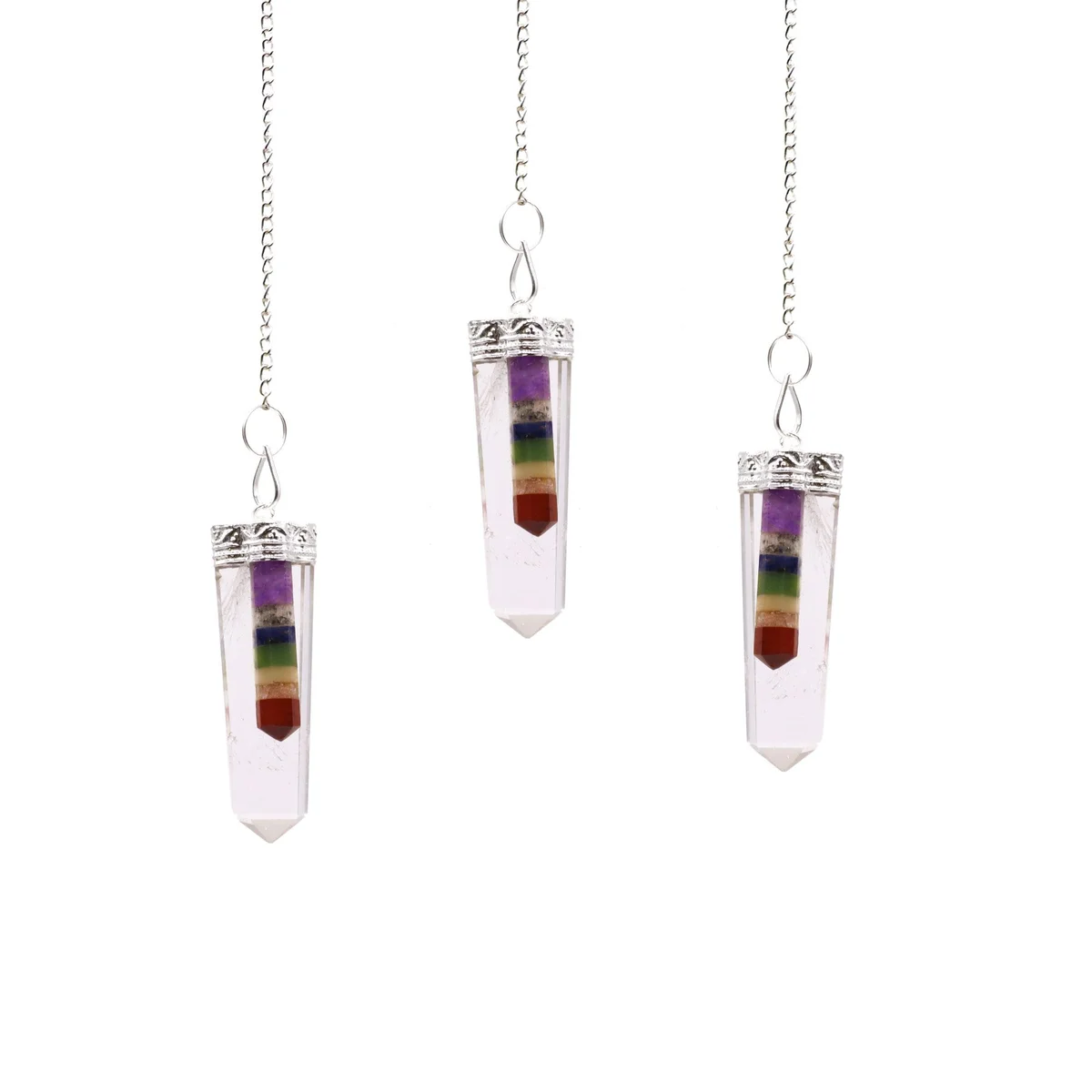 7 chakra crystal pendant with thin pointed crystal, flat design, bounded style