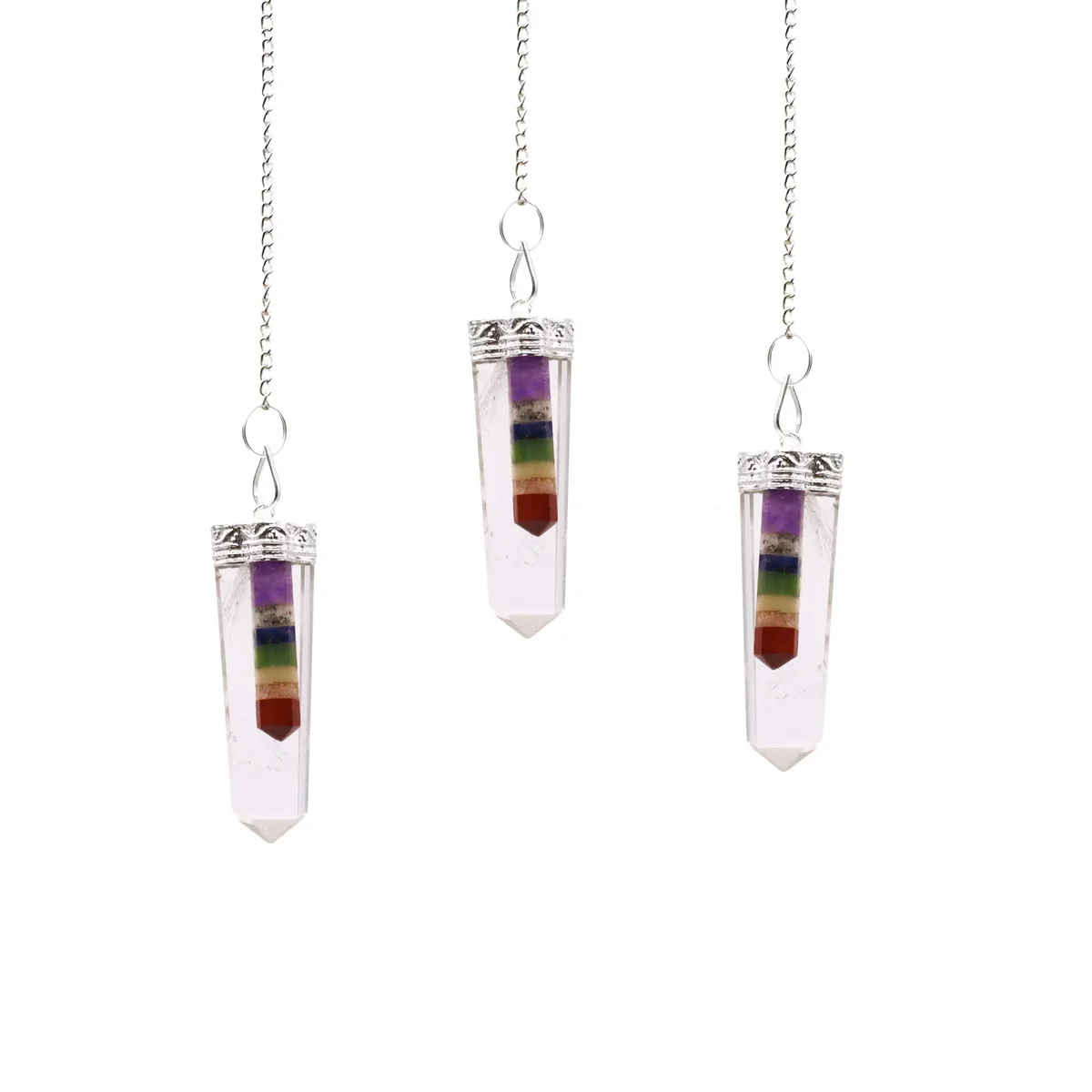 Crystal pendant featuring seven thin-pointed chakra crystals on a flat base.