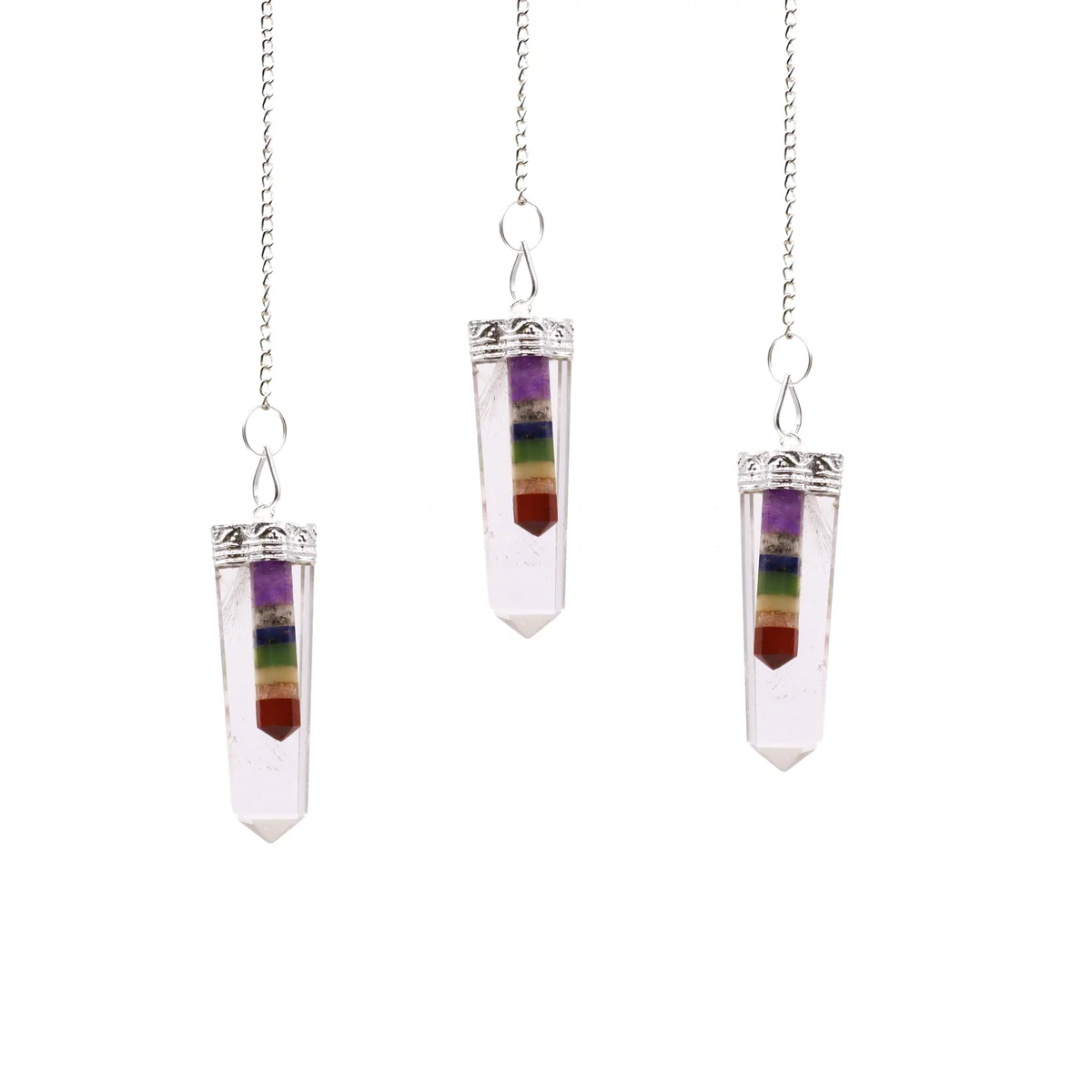 Crystal pendant with seven bonded thin points and flat backing, styled as a chakra necklace