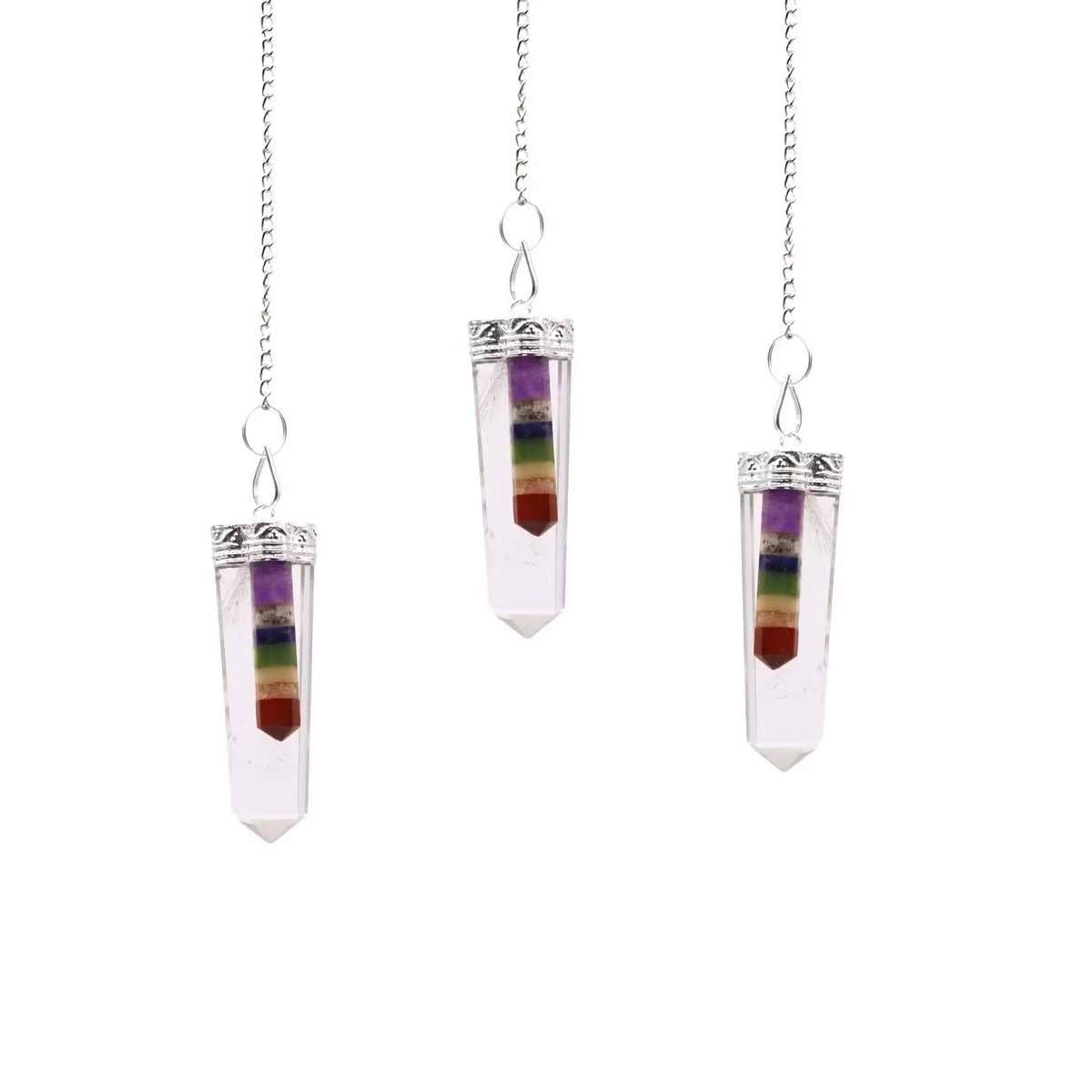 7‑chakra crystal thin point flat pendant with layered crystal points in a bound design.