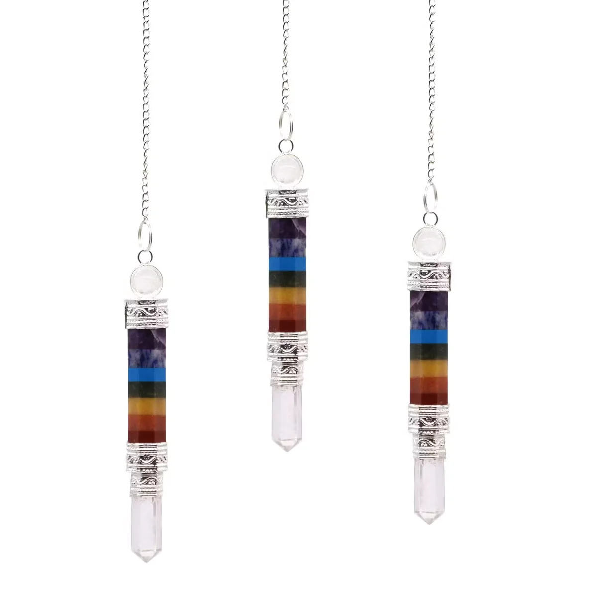 3-piece pendulum with seven charka windows, suspended from a metal chain, perfect wall art pendulum.