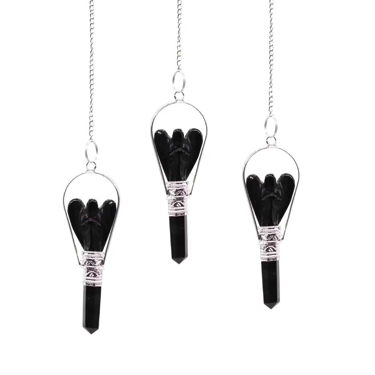 Angel pendulum featuring a black agate sphere suspended from a decorative ring
