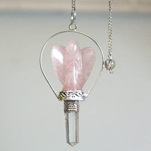 Angel pendulum rose quartz suspended from a silver ring, elegant and subtle.