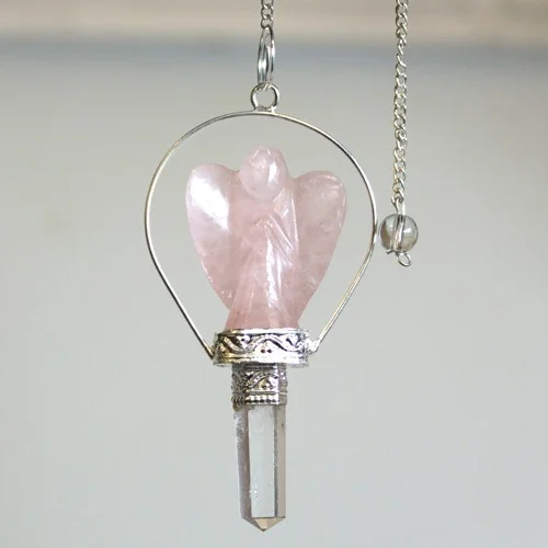 Angel pendulum ornament featuring a smooth ring with rose quartz crystal, hanging from a delicate chain.