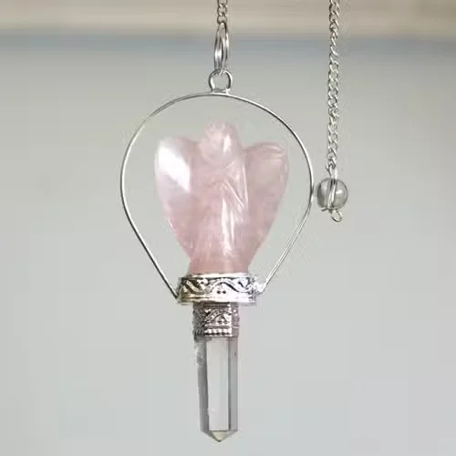 Angel pendant featuring a rose quartz crystal in a ring, a spiritual rose quartz gift