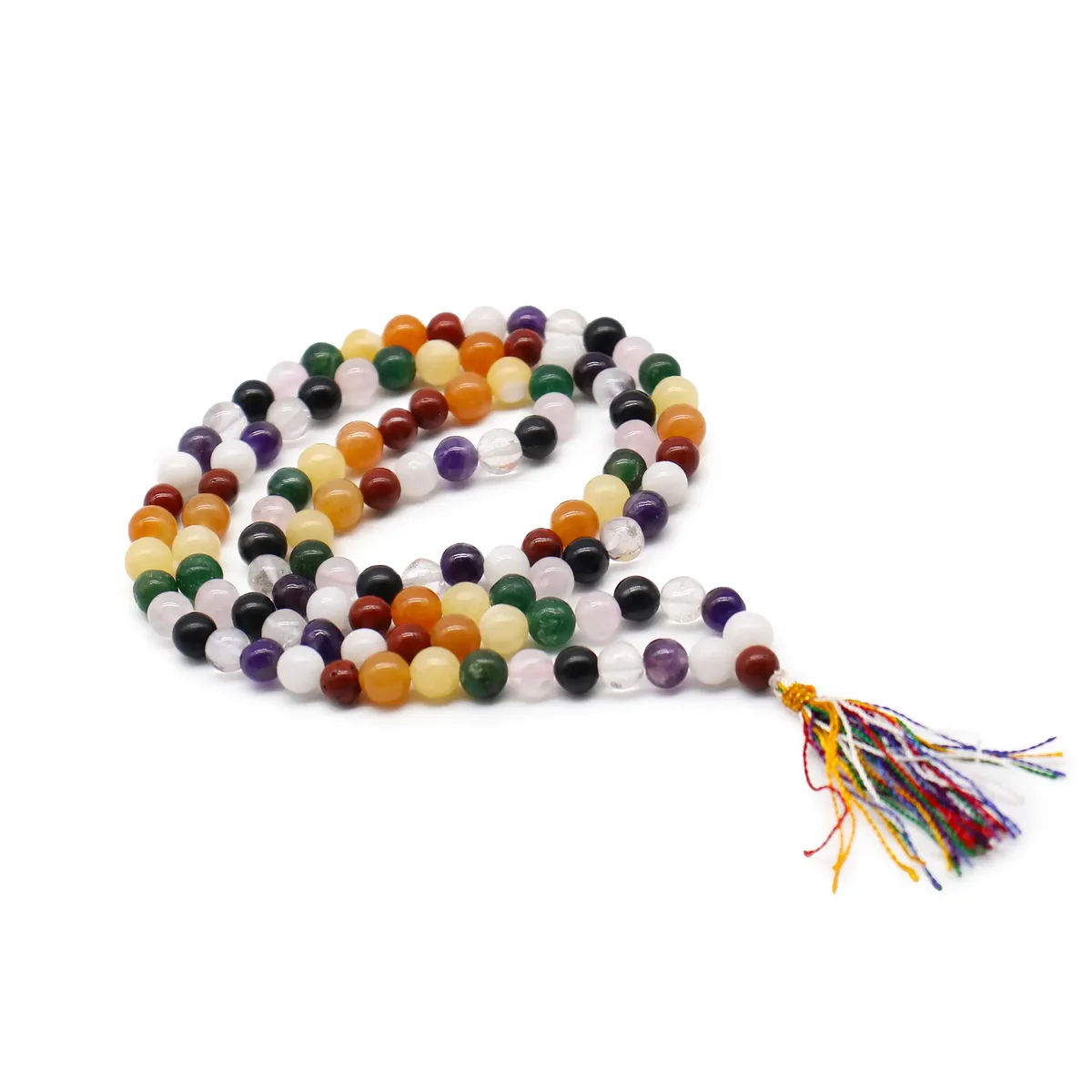 108 bead mala with a 9‑planet Astro design, string of multicoloured beads and a silver knot.