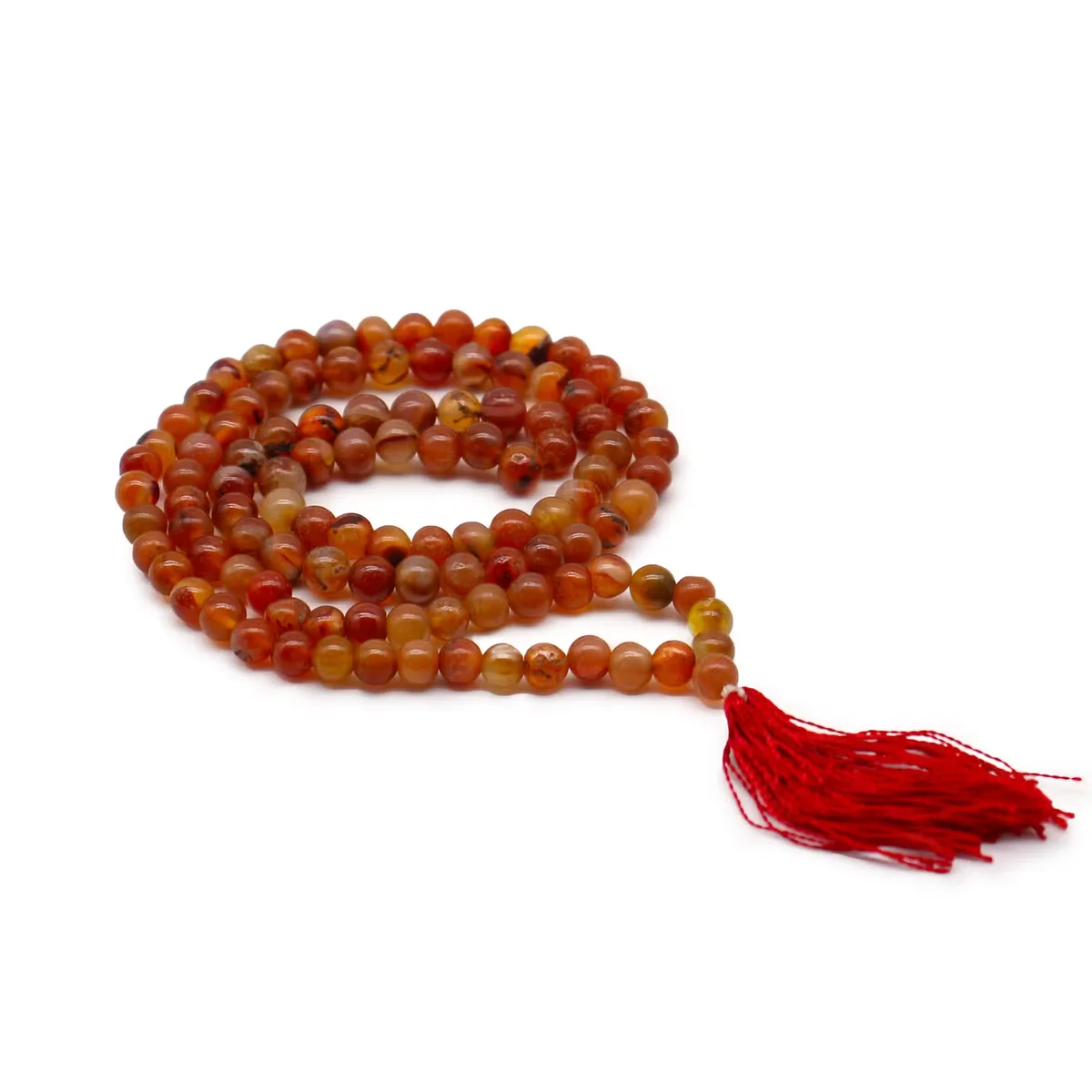 108-bead carnelian mala, close‑up of woven stone beads.