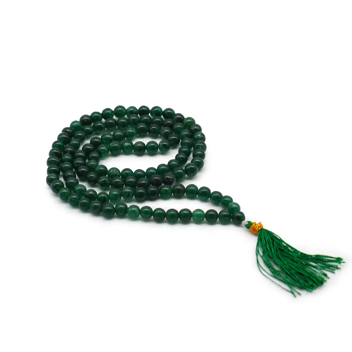 108 bead mala necklace of jade beads displayed on a neutral background