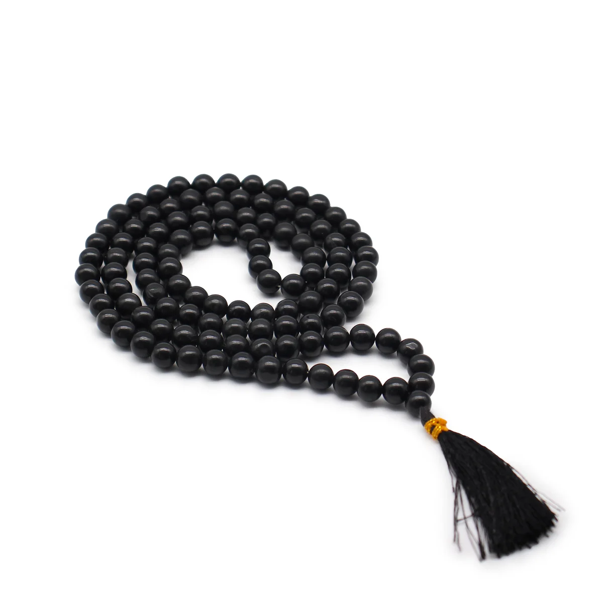 108 black agate beads forming a traditional mala with a simple string.