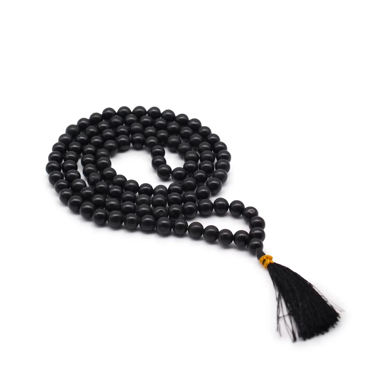 A string of 108 black agate beads forming a prayer beads necklace.