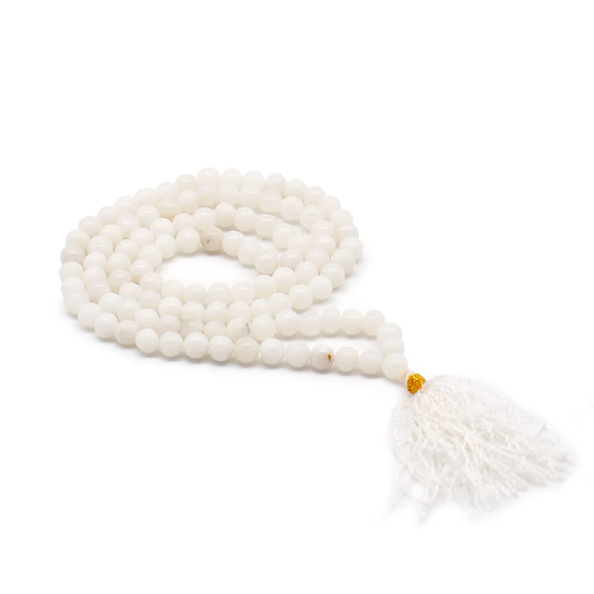 108 bead mala necklace featuring white quartz beads