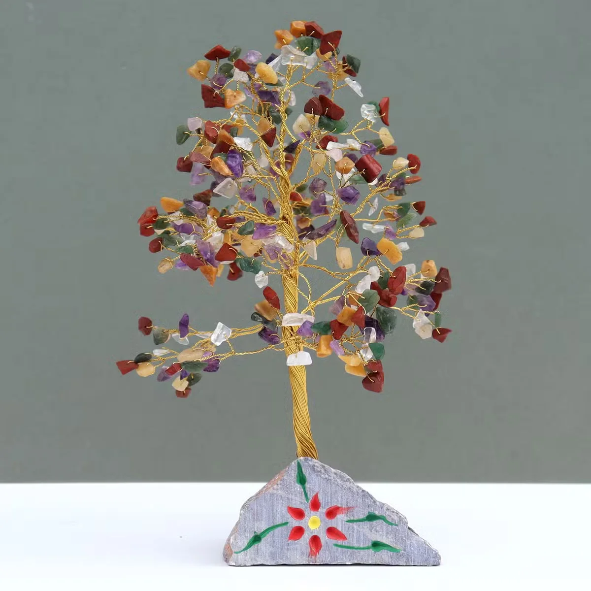 Multi-gem decorative piece composed of 320 stones, offering vibrant gemstone decor.