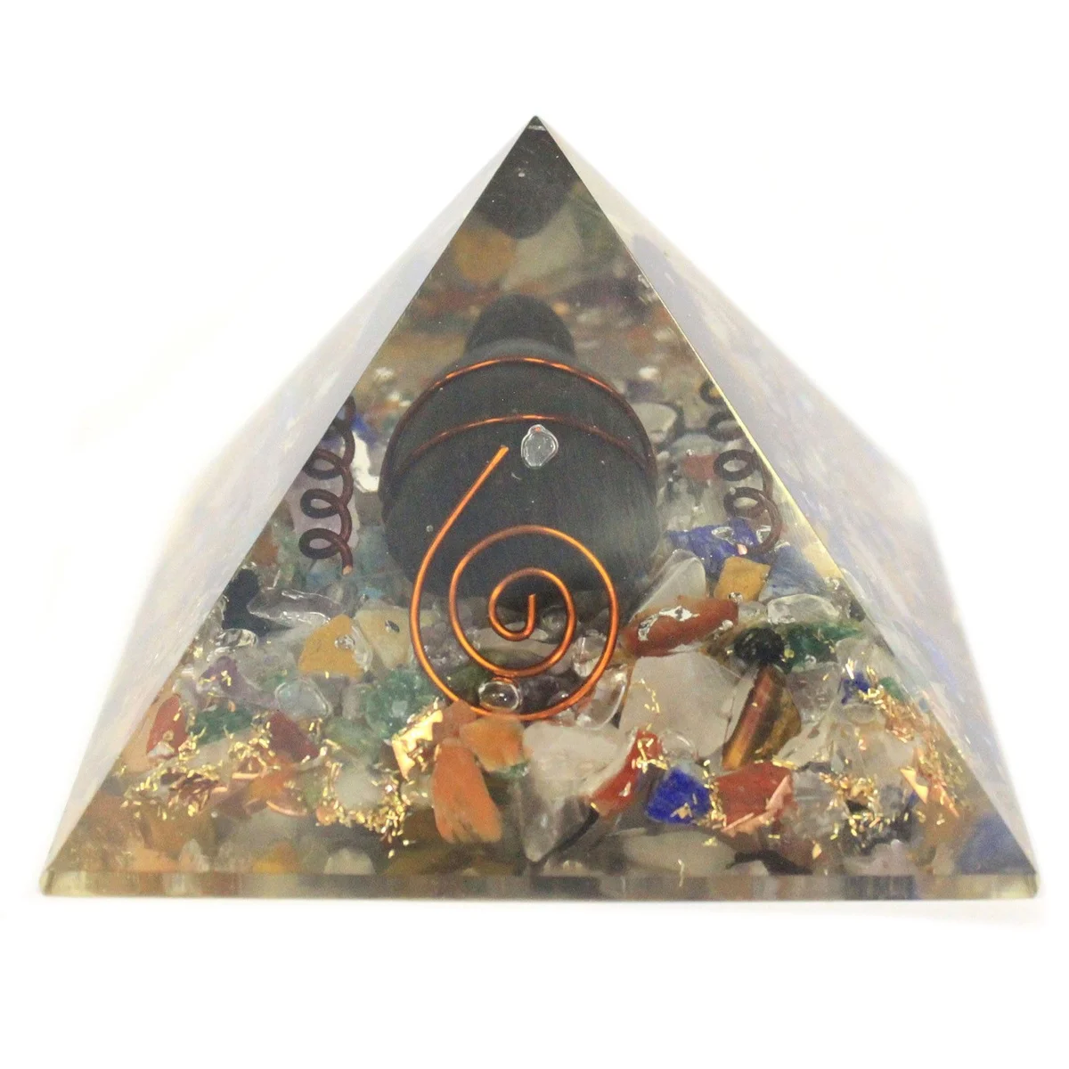 60mm orgonite pyramid in copper with turtle pattern and gemchips, displaying natural earth tones.