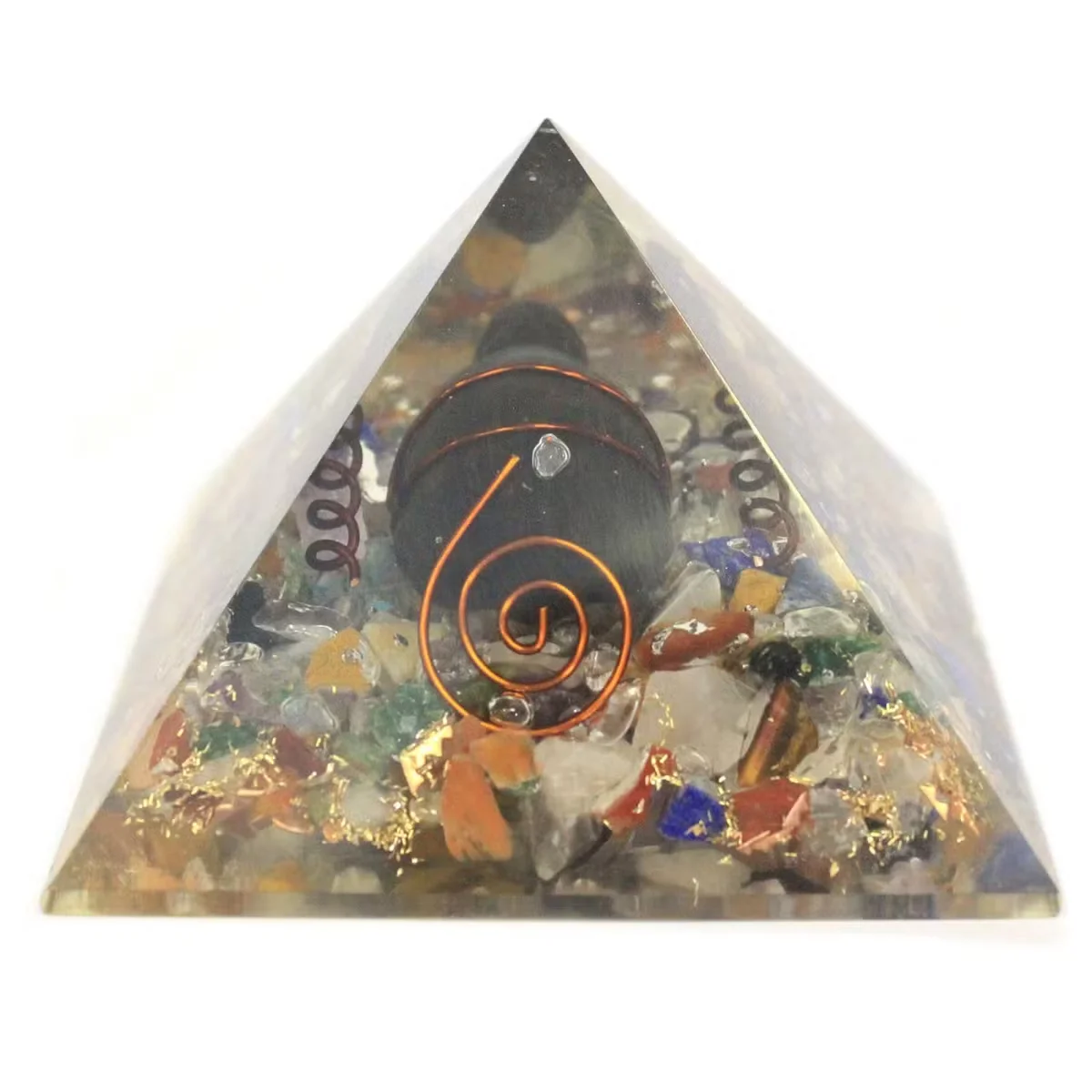 Copper 60mm organic pyramid with earthy turtle shaped gemchips, a Med Orgonite pyramid in natural finish.
