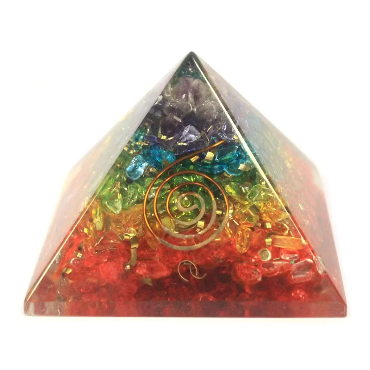Large 70mm orgonite pyramid with chakra gem chips, a spiritual decor ornament