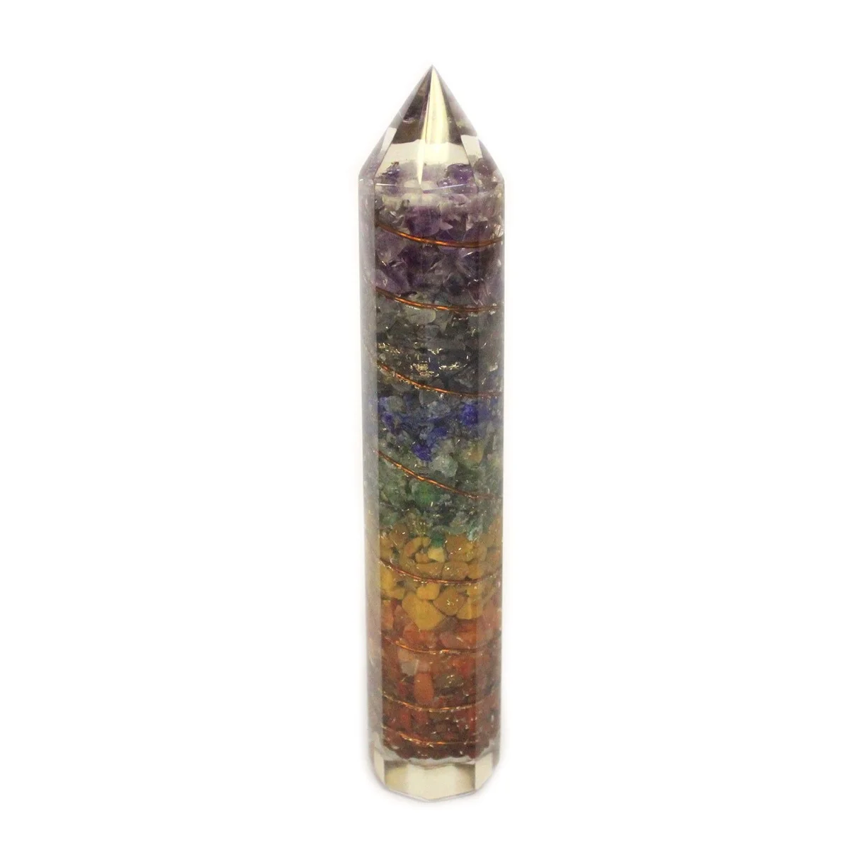 Orgonite power wand, 15cm long, featuring copper wire and embedded gemchips.