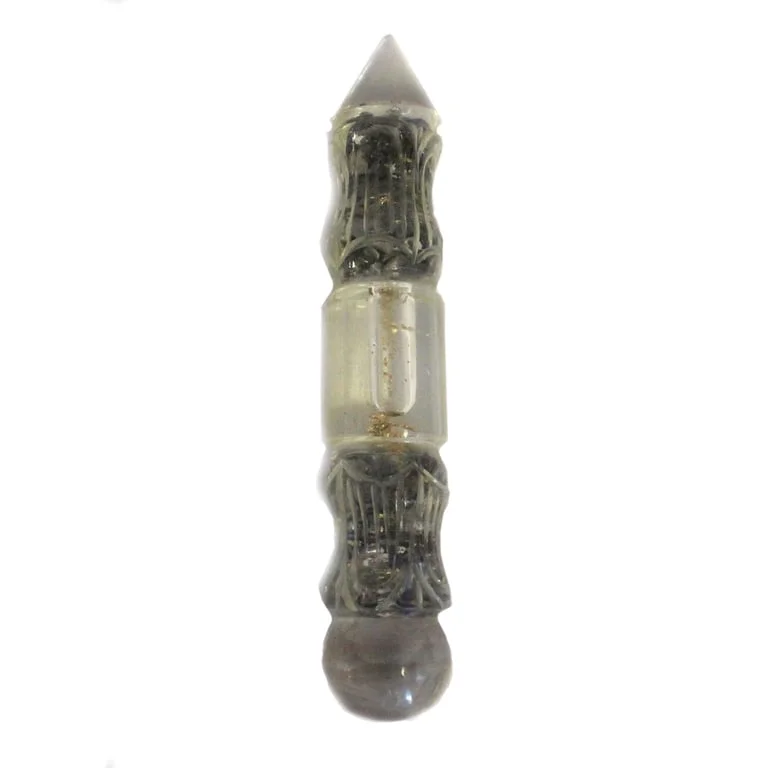 Orgonite water wand carved with copper and gemchips, clear shaft with embedded stones.
