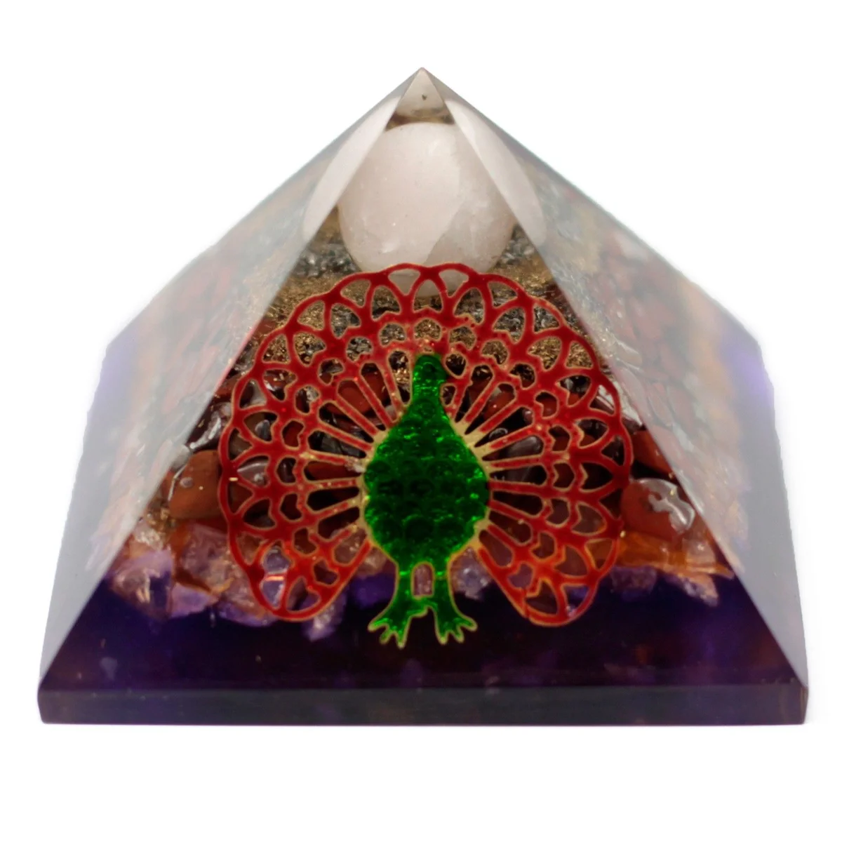Large organite pyramid with peacock design, 80mm tall and wide.