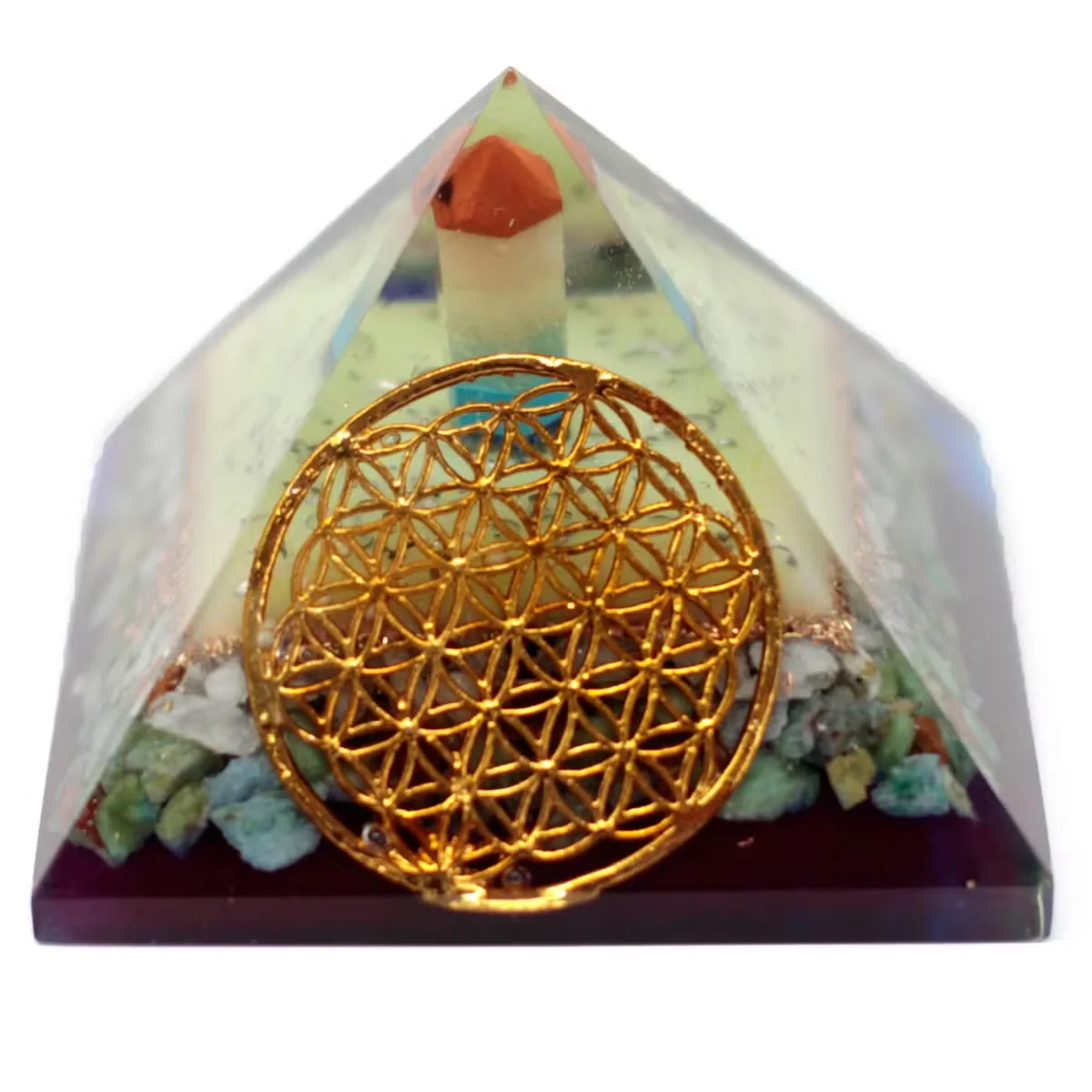 80mm organite pyramid featuring the Flower of Life symbol