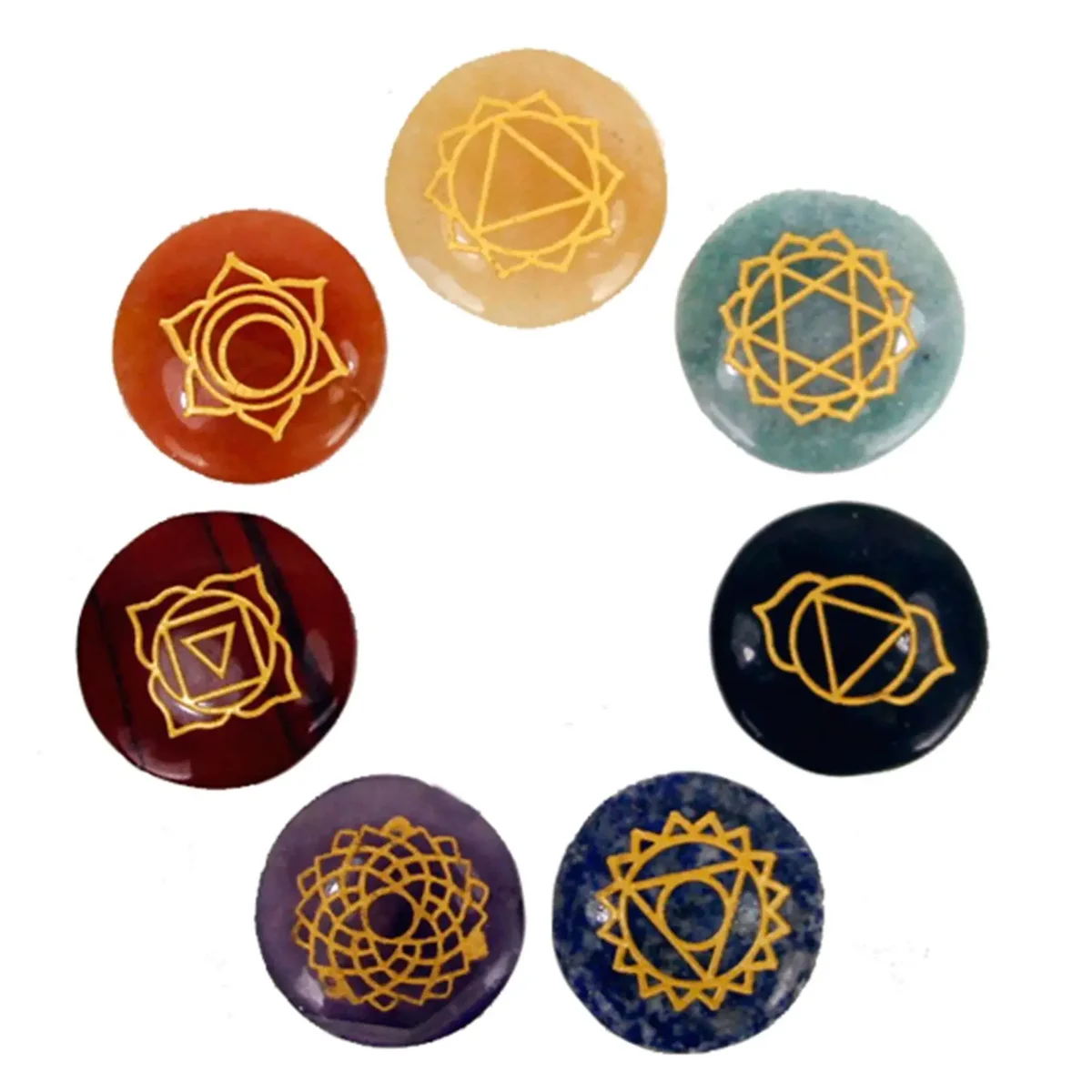 Small set of rounded chakra stones displayed together in a shallow dish.