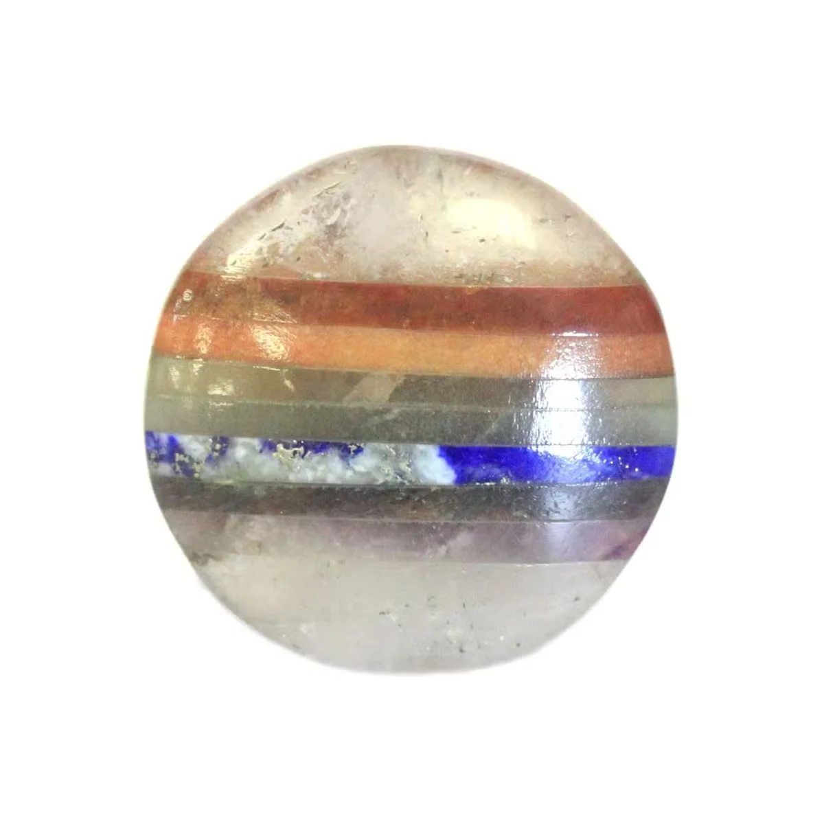 45mm crystal palmstone displayed on a neutral background, showing its clear, faceted surface and subtle iridescent glow.