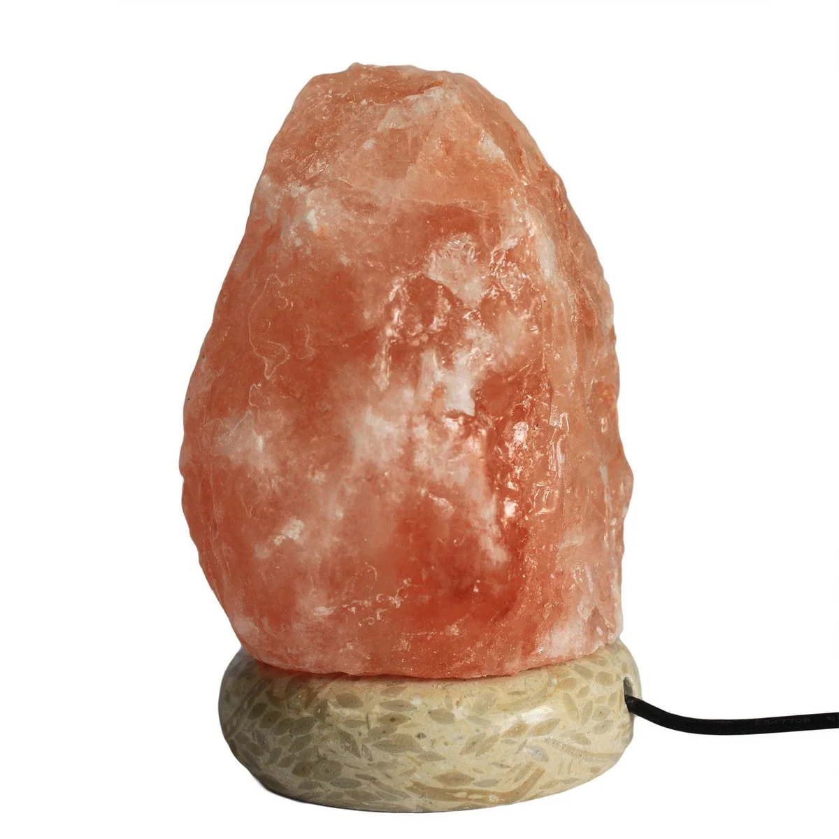 White natural salt lamp 11.5 cm tall with USB cable plugged in, USB salt lamp display