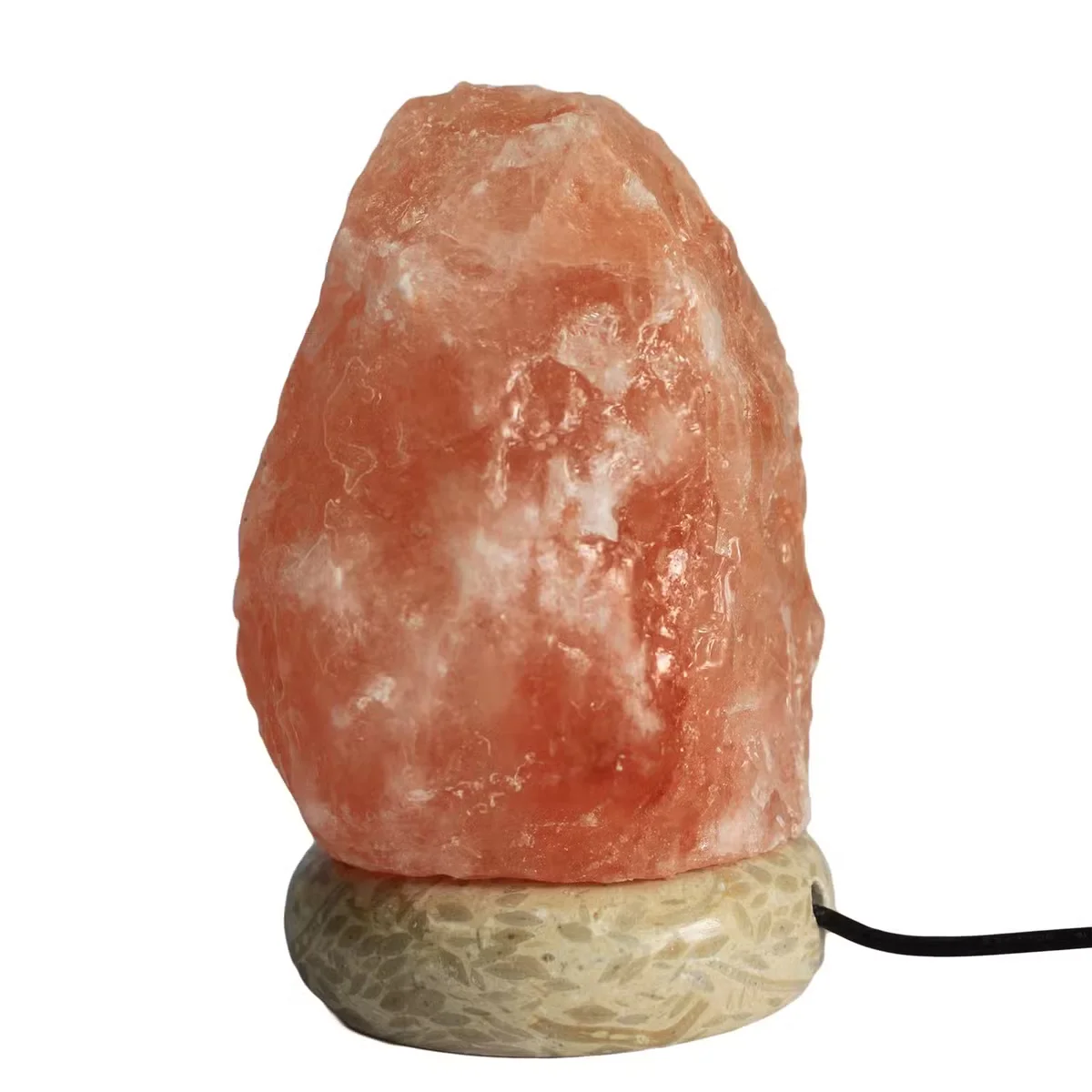 White natural salt lamp, 11.5 cm salt lamp, glowing interior on a small pedestal.