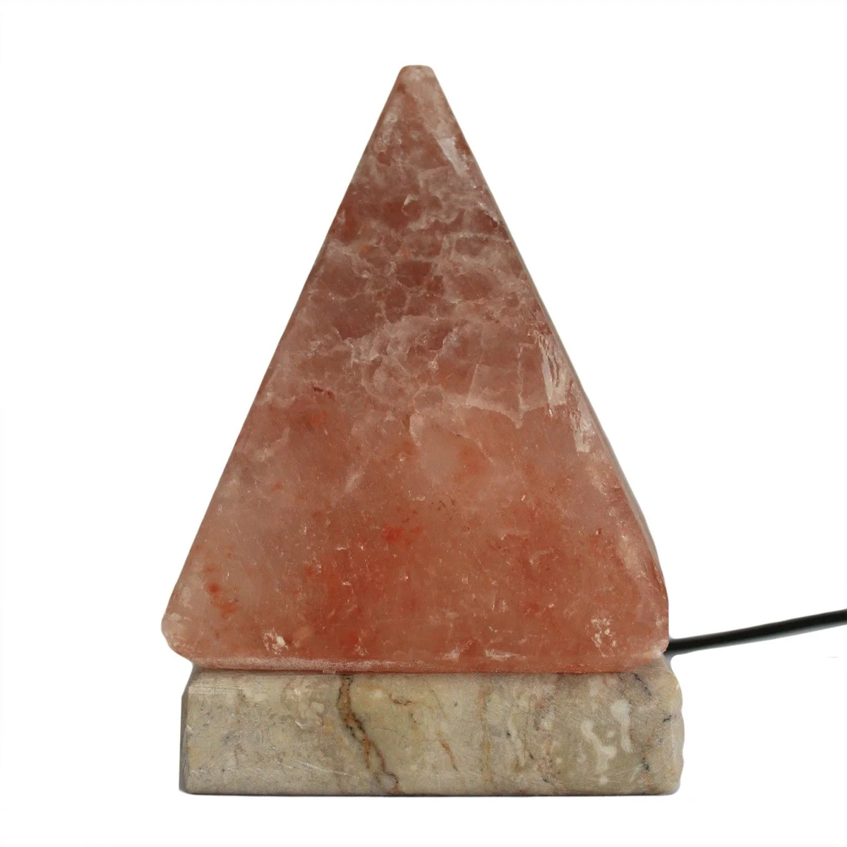 USB pyramid salt lamp 9 cm tall, pyramid shape with attached USB cable, natural salt crystal texture.