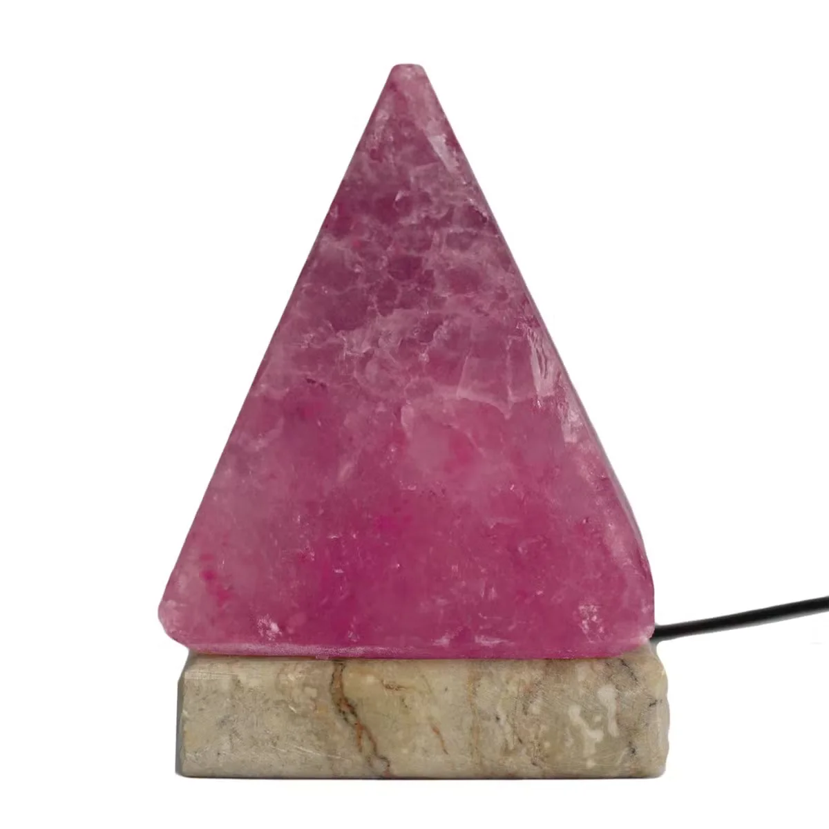 USB‑powered pyramid salt lamp with a bright glow, 9 cm high, emanating soft amber light.
