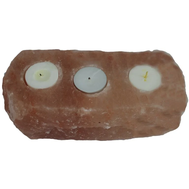 3-hole candle holder made of natural salt, simple rustic design.