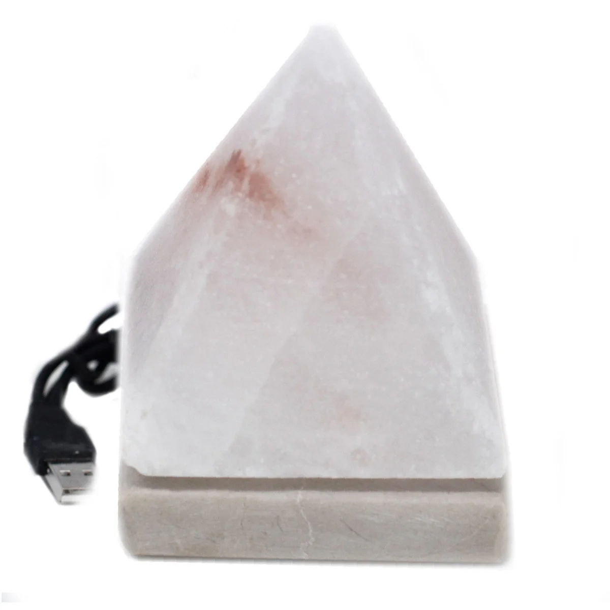 USB salt lamp in a white pyramid shape, 9 cm tall, with a USB plug for charging