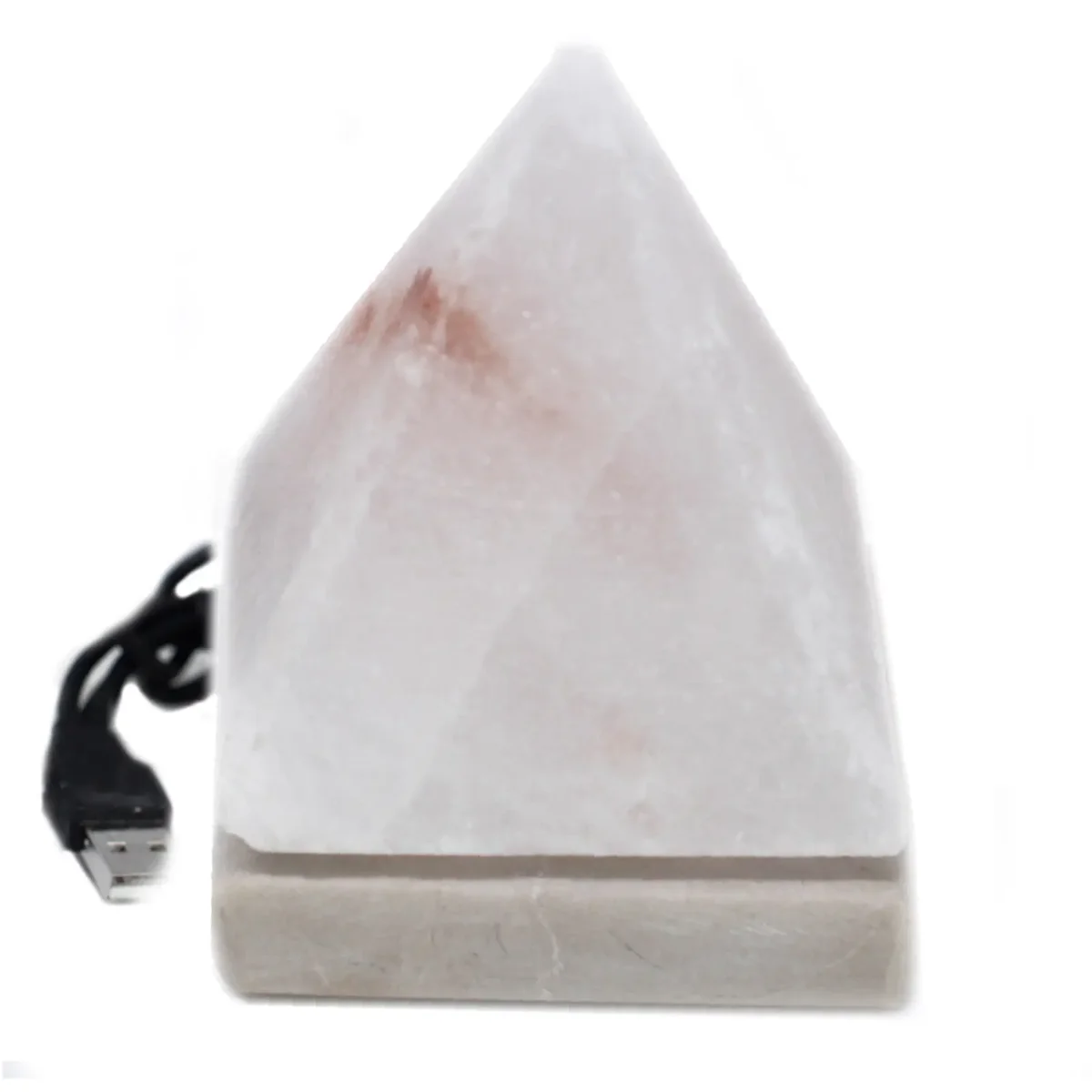 White pyramid salt lamp with USB charging cable, 9 cm tall.