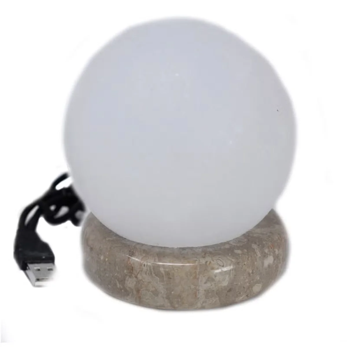 White USB salt lamp, 9 cm ball shape with natural salt crystals.