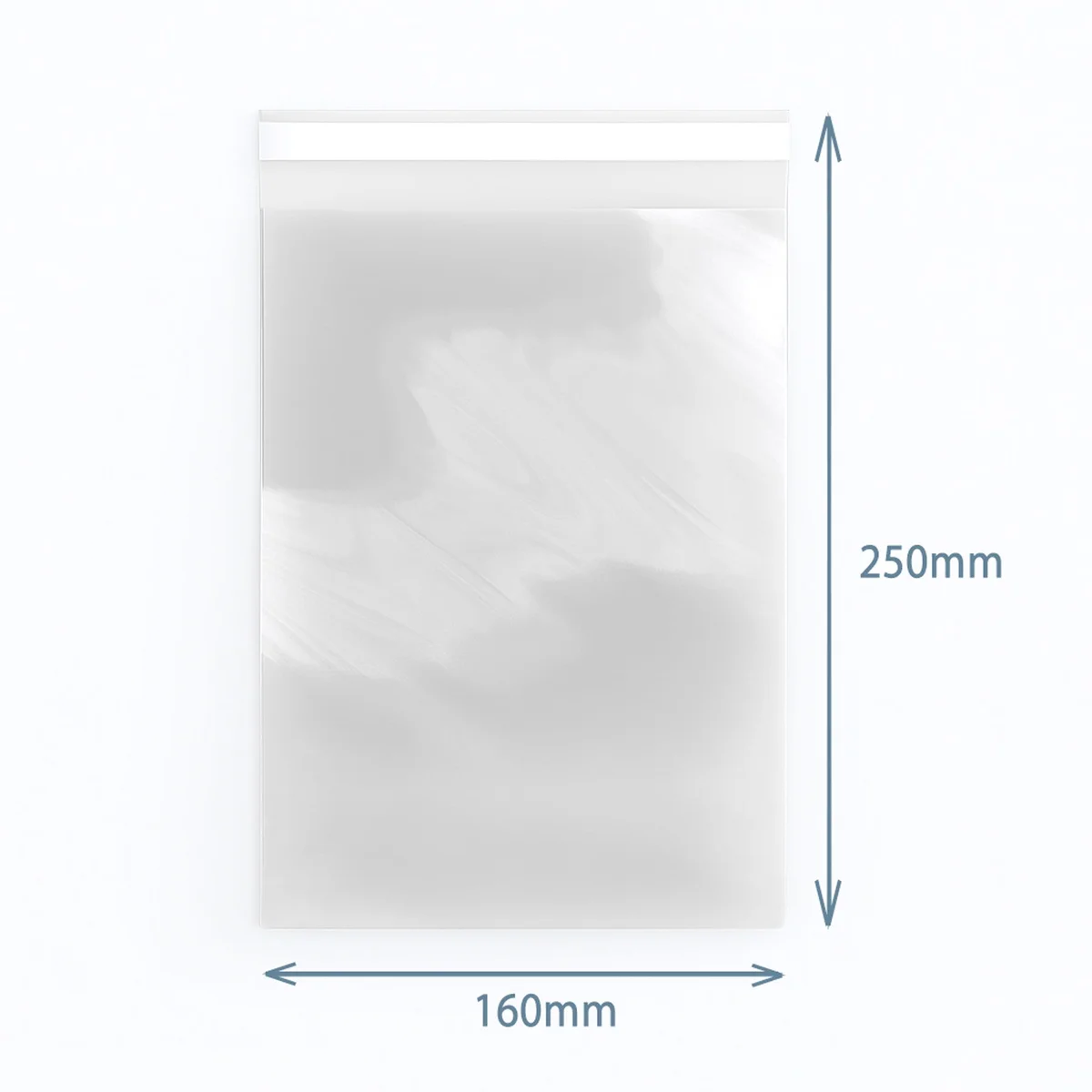 Resealable poly prop bags 160x250mm, clear plastic bags with zipper-like seal, shown open on a white surface.