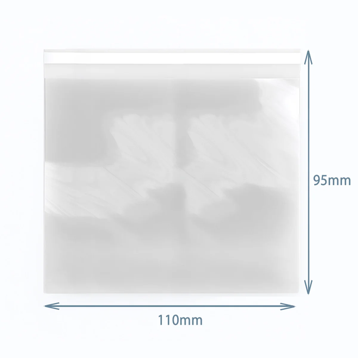 Transparent poly‑pro plastic resealable storage bag, 110mm x 95mm, shown open for storage.