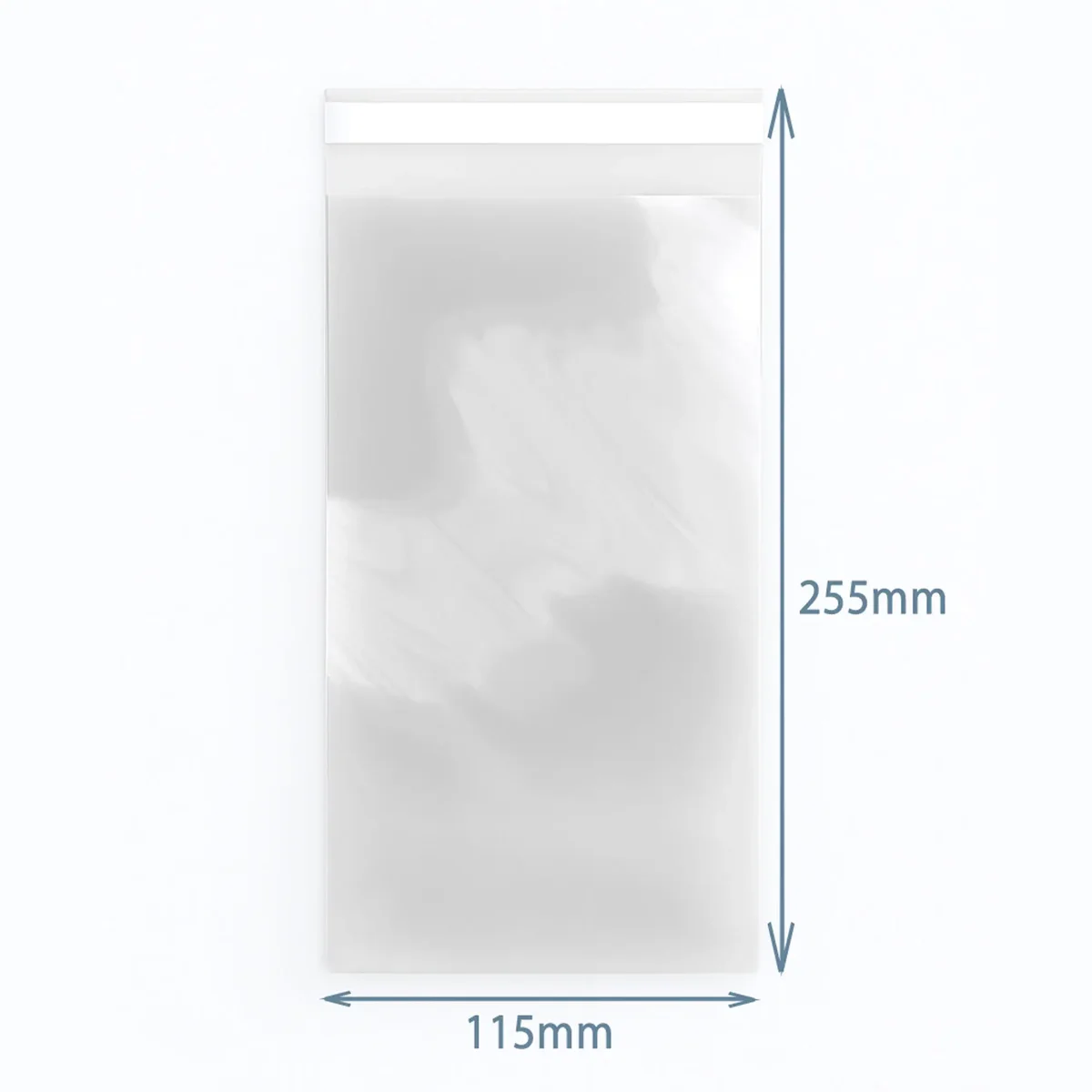 Transparent 255mm poly bag with reseal zipper, visible seal, packaging across a table